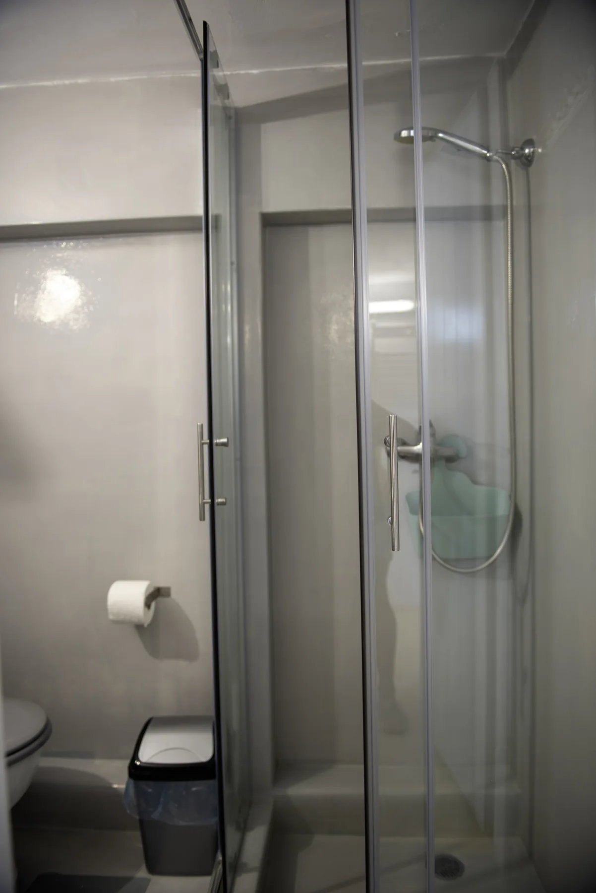 The glass shower in the Studio bathroom
